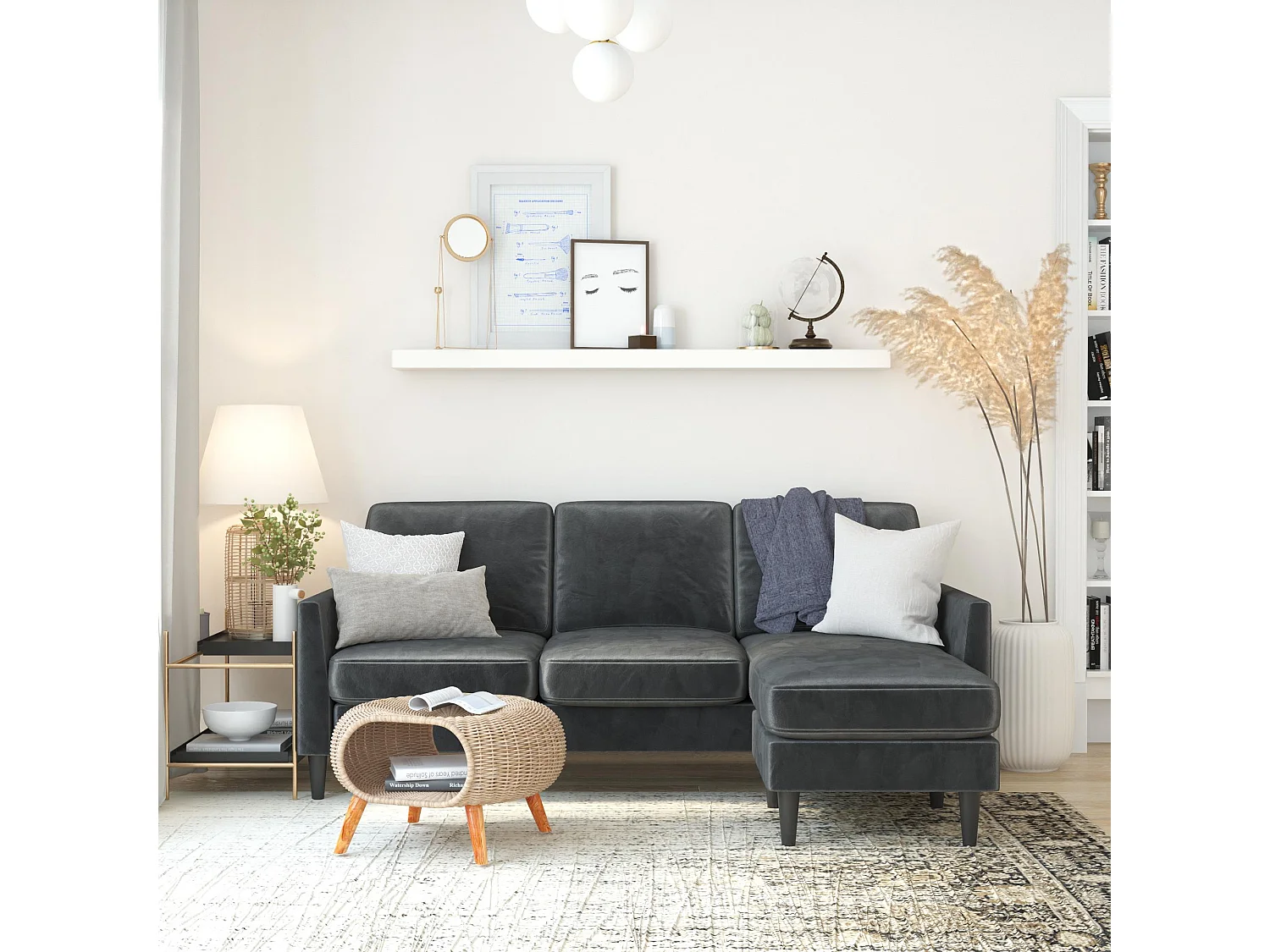 Winston | Sofá 3 Lugares com Chaise Lounge em Veludo Cinzento