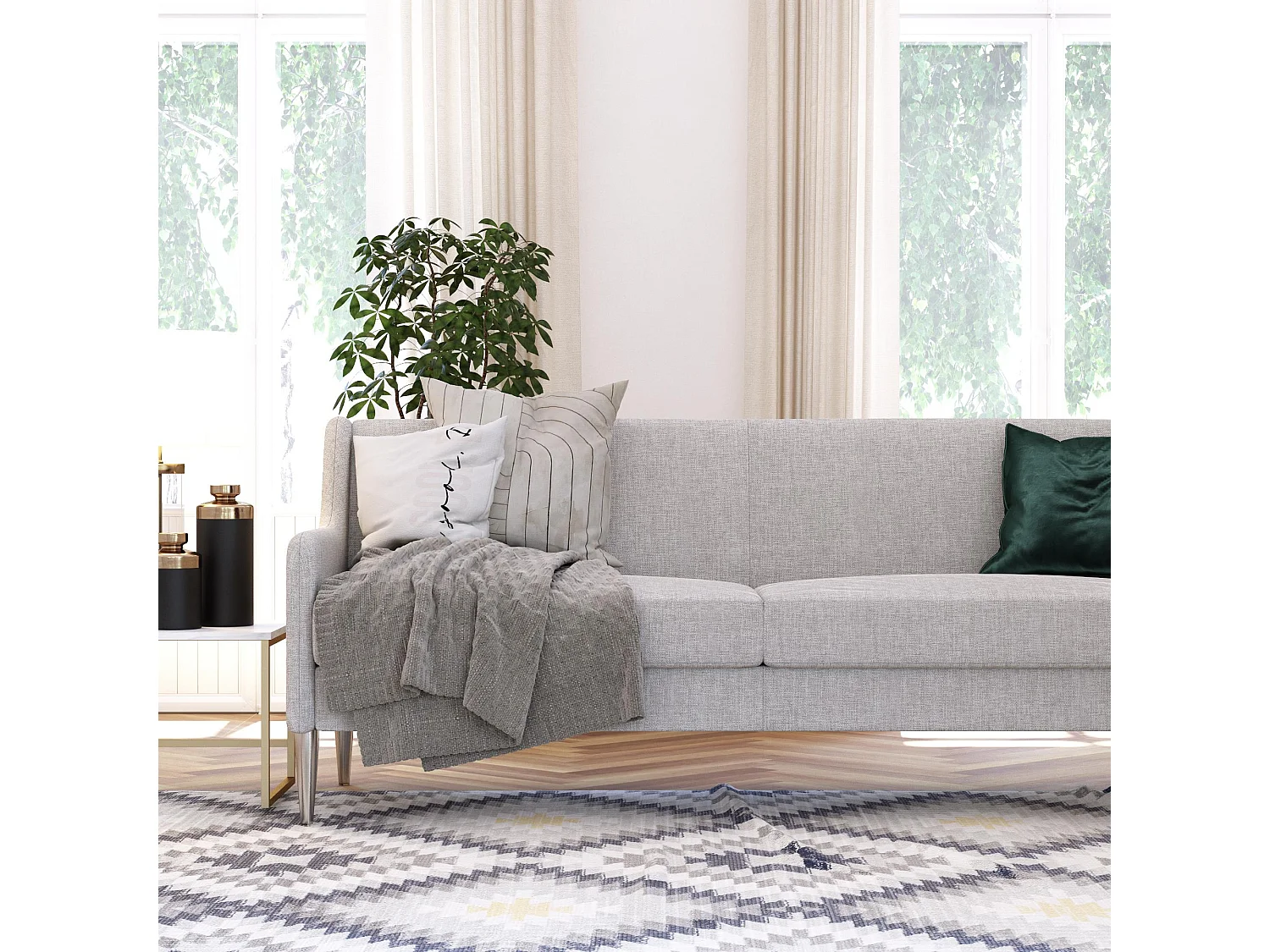 Sofá de 2 lugares com chaise longue em linho cinzento claro