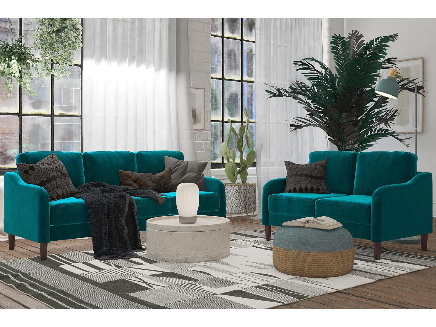 Sofa, 3-Sitzer, aus Samt, grün