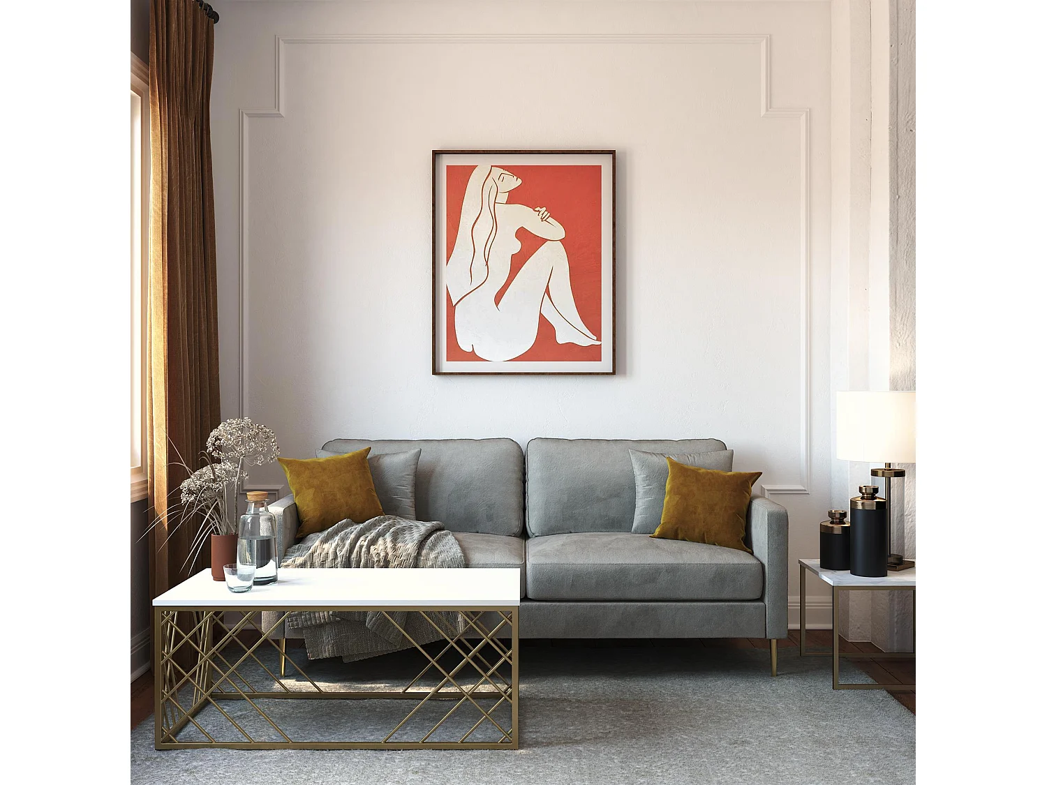 Divano 3 posti con cuscini in velluto grigio