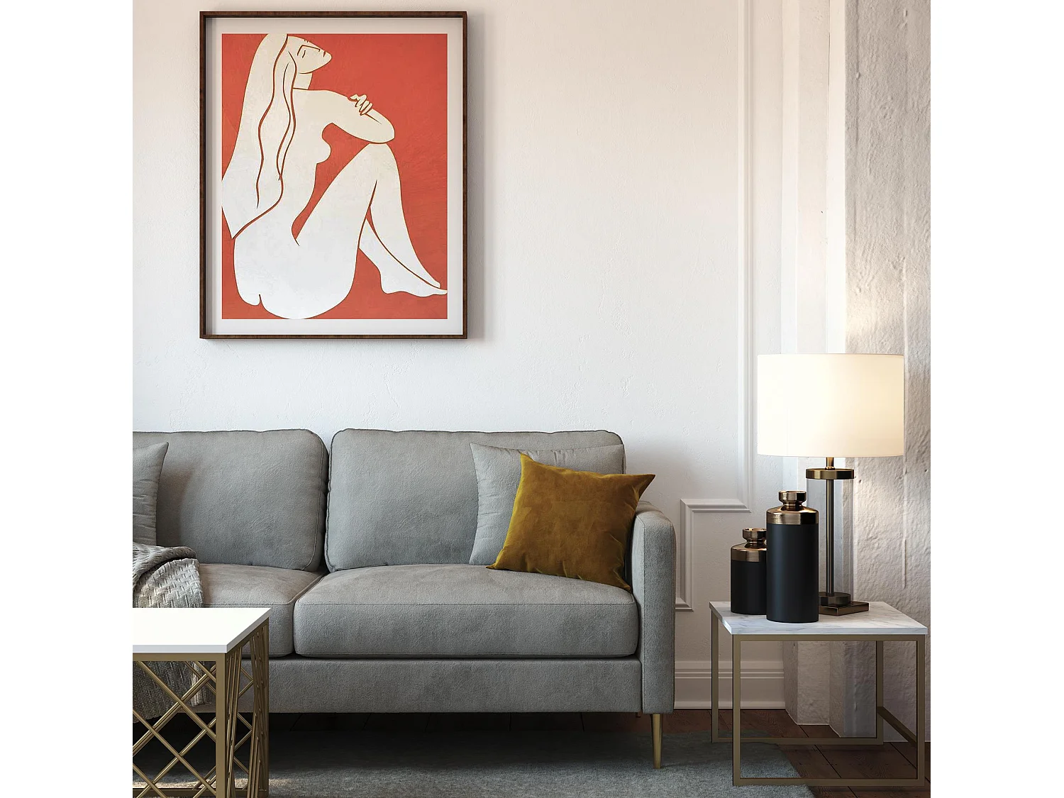 Divano 3 posti con cuscini in velluto grigio