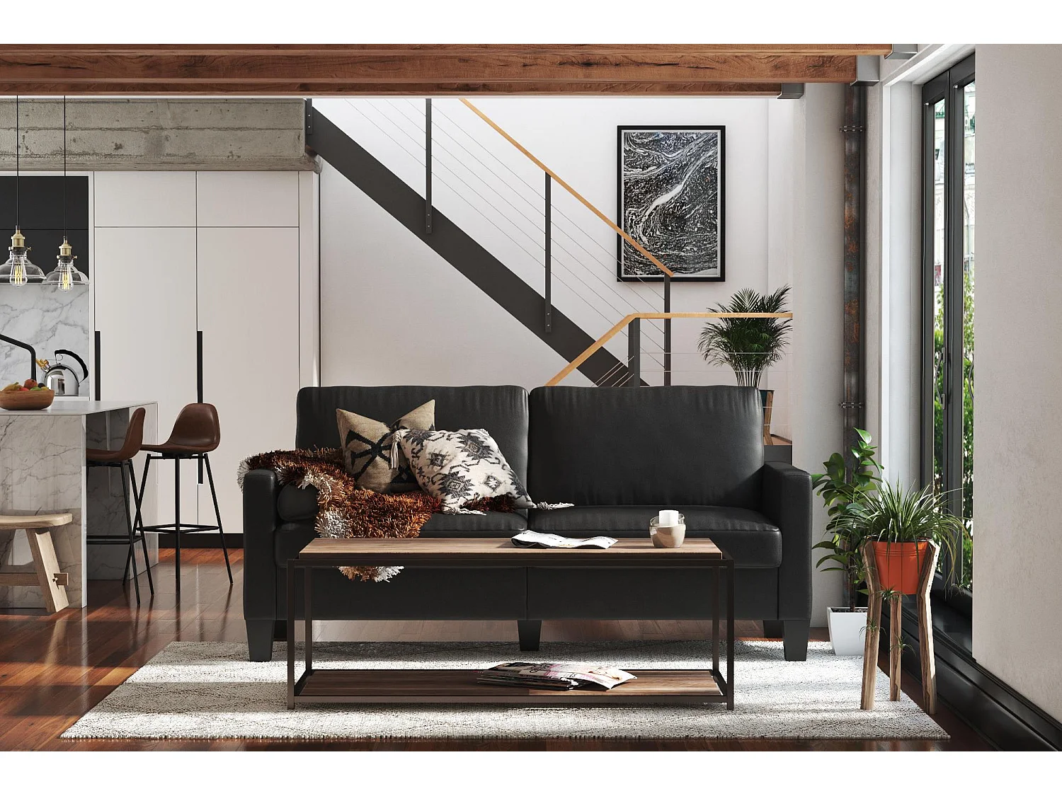 Rylie | Canapé 3 places en simili cuir noir