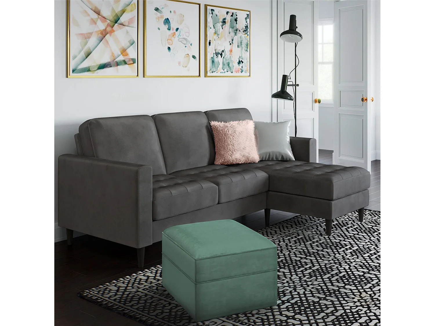 Divano 3 posti con chaise long in velluto grigio