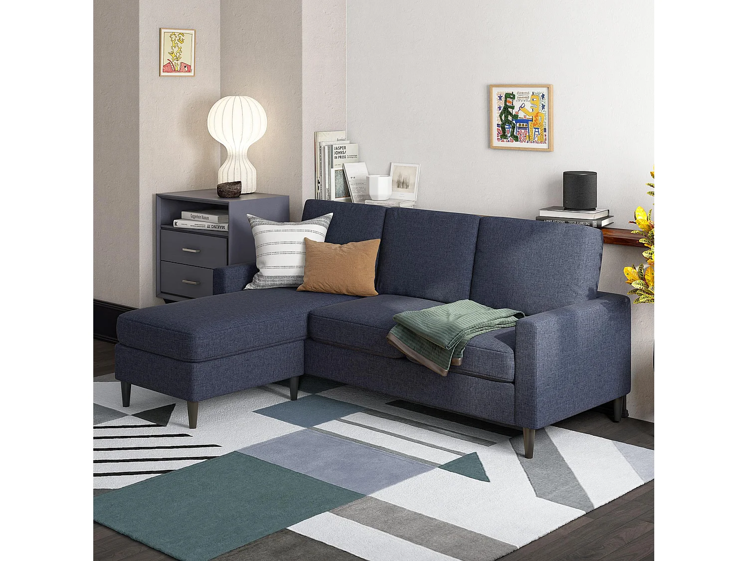 Divano 3 posti con chaiselong in lino blu