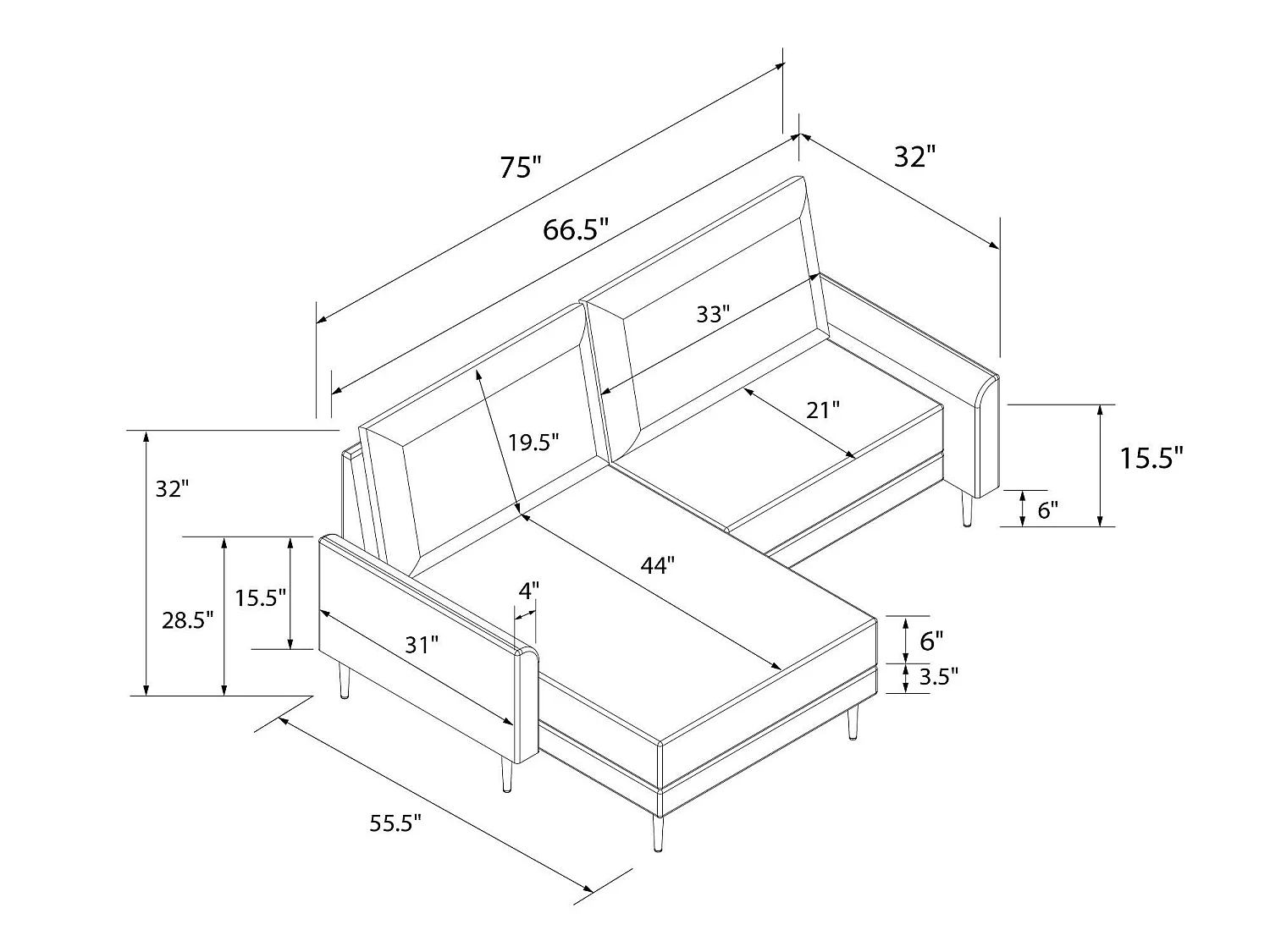Sofa 2 zitplaatsen met chaiselong in linnen lichtgrijs