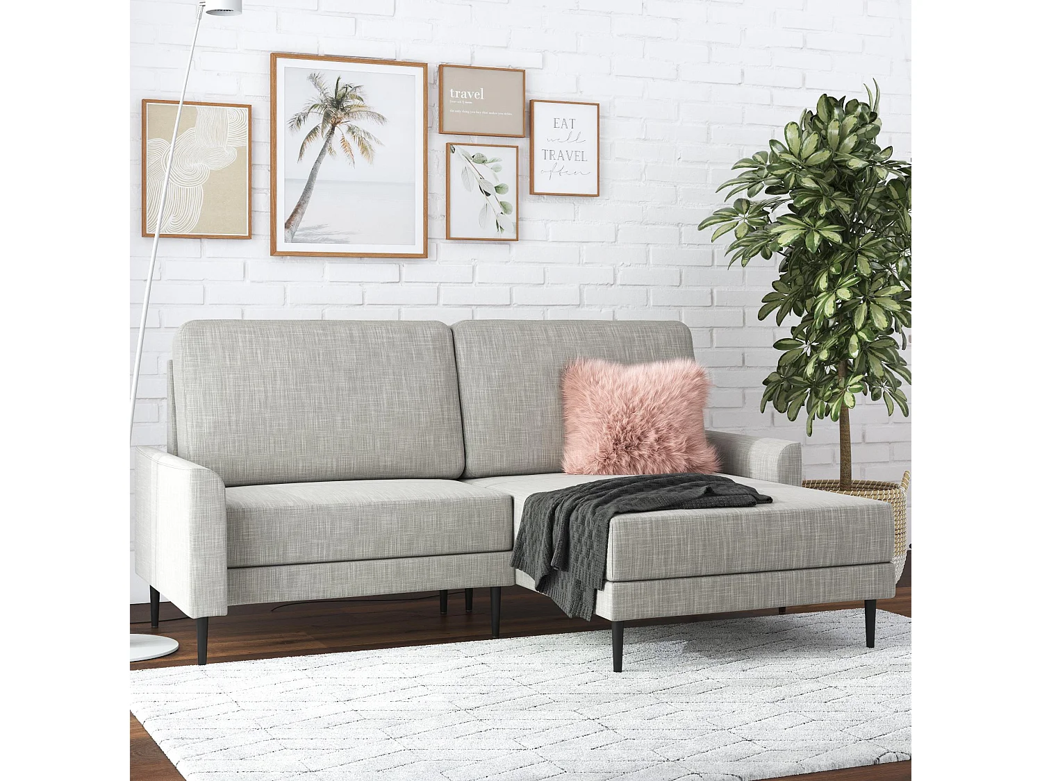 Sofa 2 zitplaatsen met chaiselong in linnen lichtgrijs