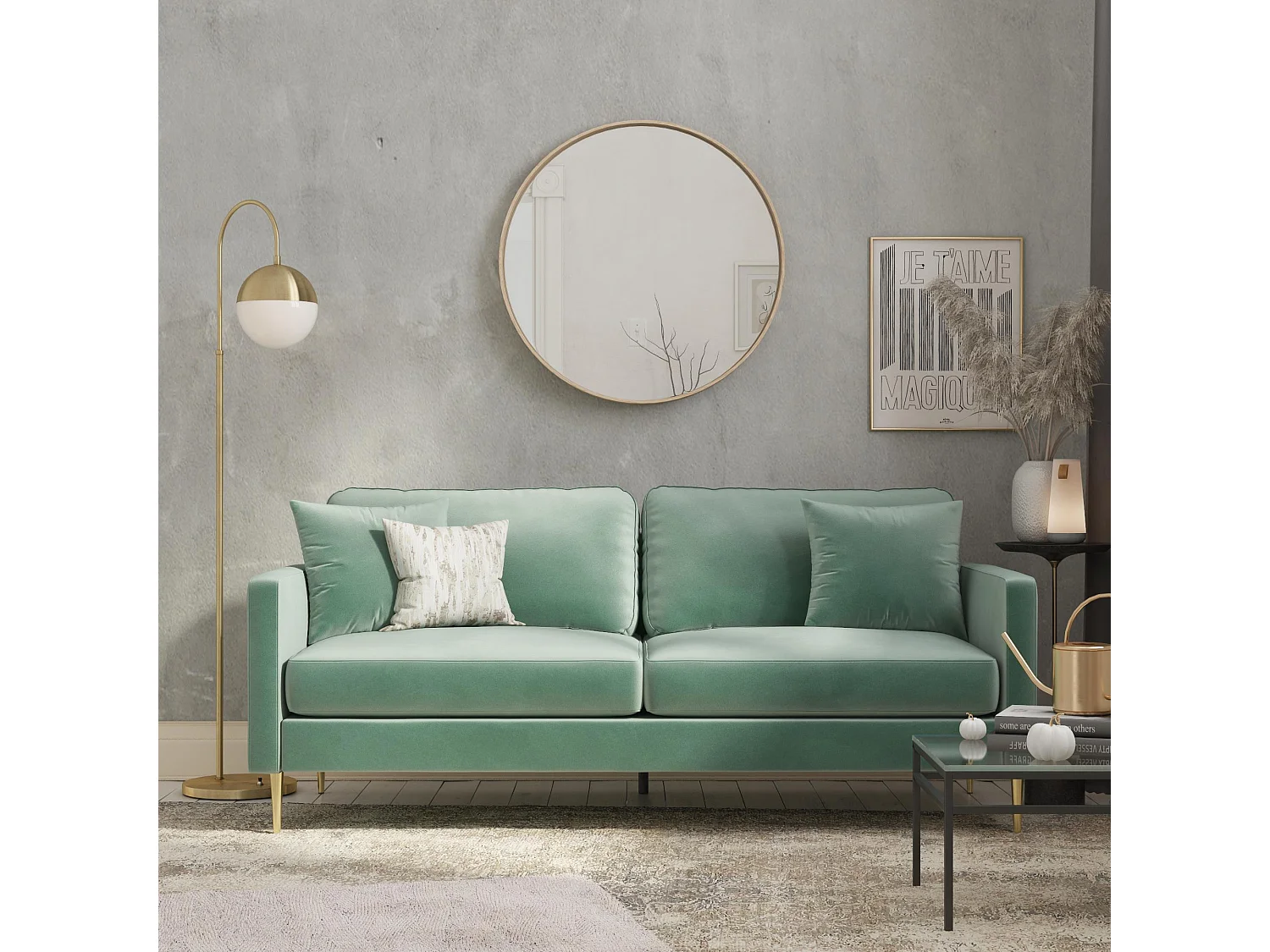 Highland | Canapé 3 places avec coussins en velours vert