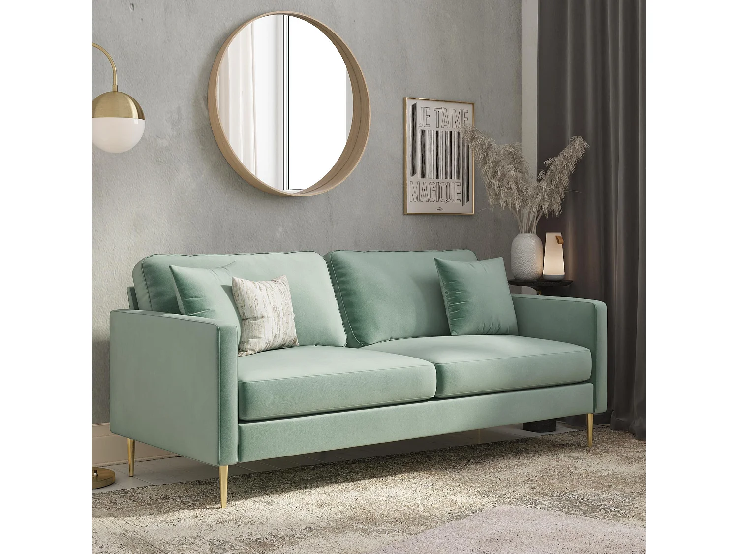 Highland | Canapé 3 places avec coussins en velours vert