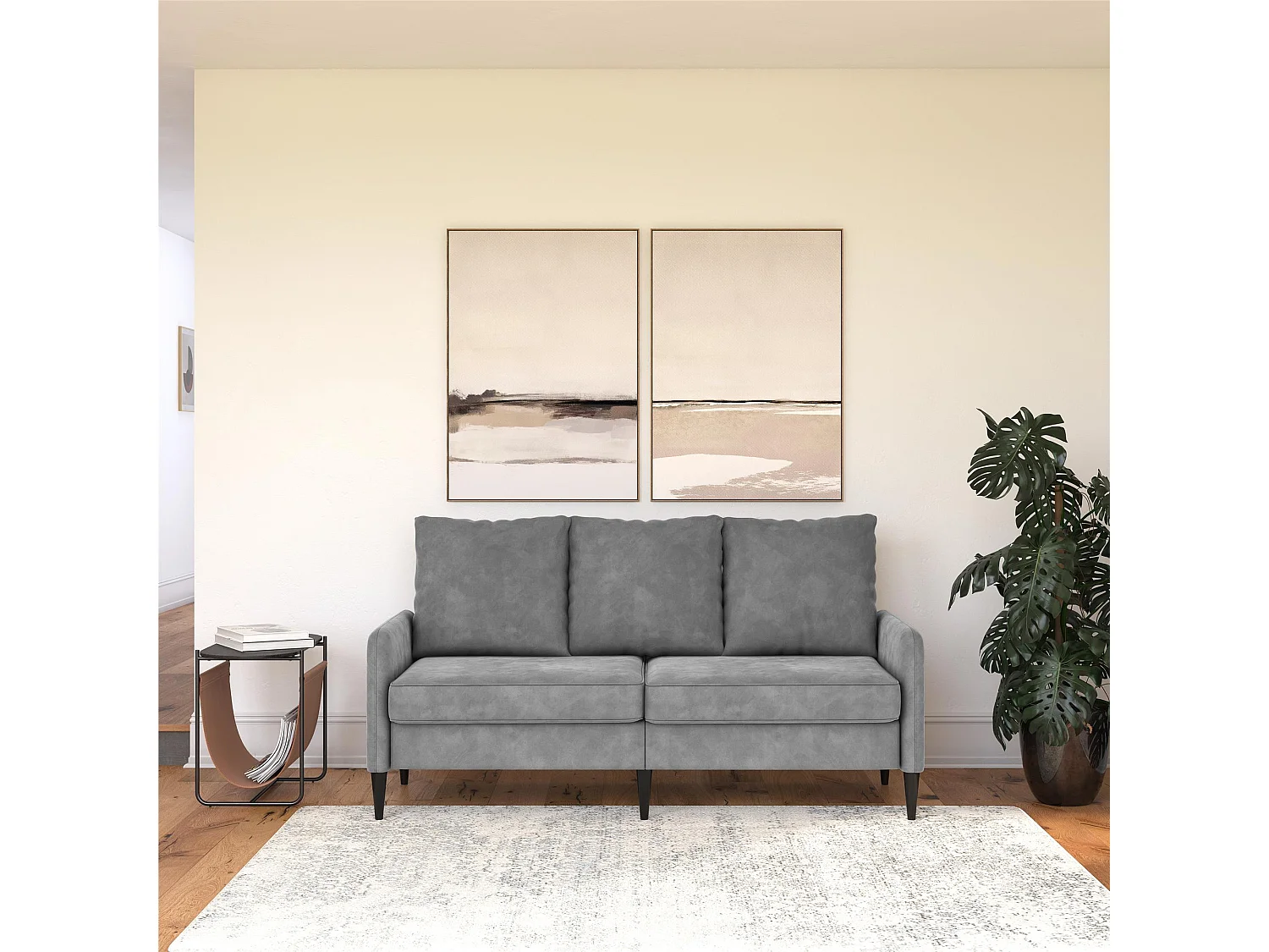 Sofa, 3-Sitzer, aus Samt, hellgrau