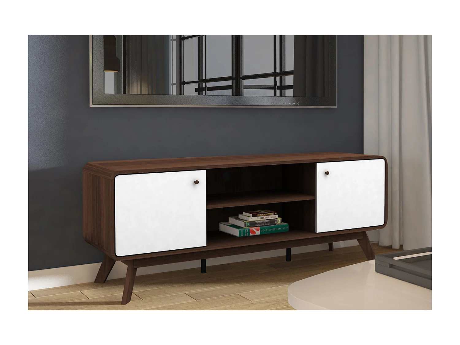 Lowboard con 2 puertas en tablero aglomerado nogal y blanco