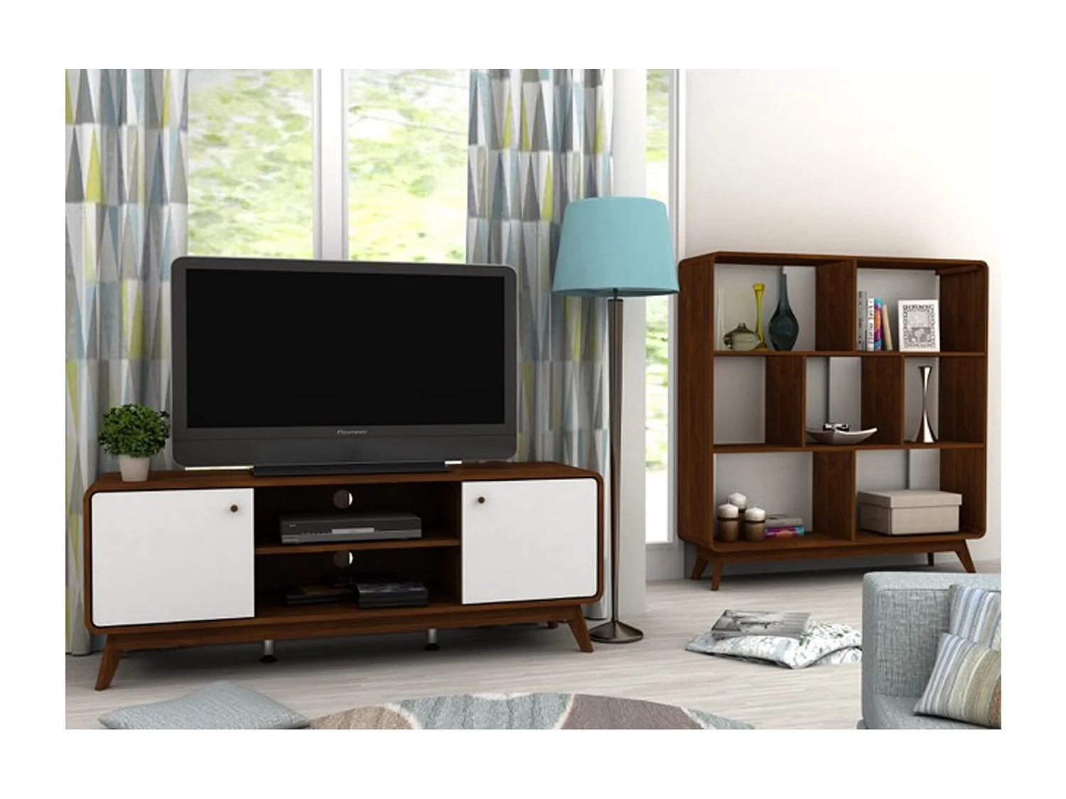 Lowboard mit 2 Türen aus Spanplatten in Walnuss und Weiß