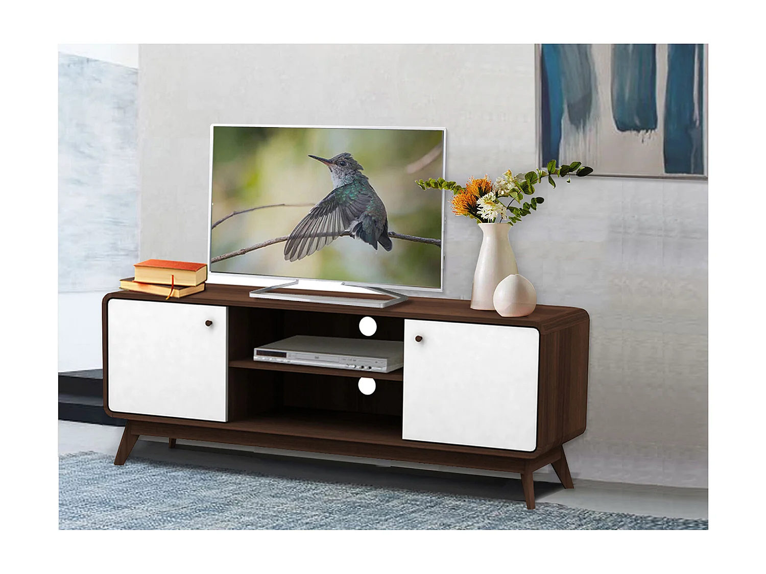 Lowboard mit 2 Türen aus Spanplatten in Walnuss und Weiß