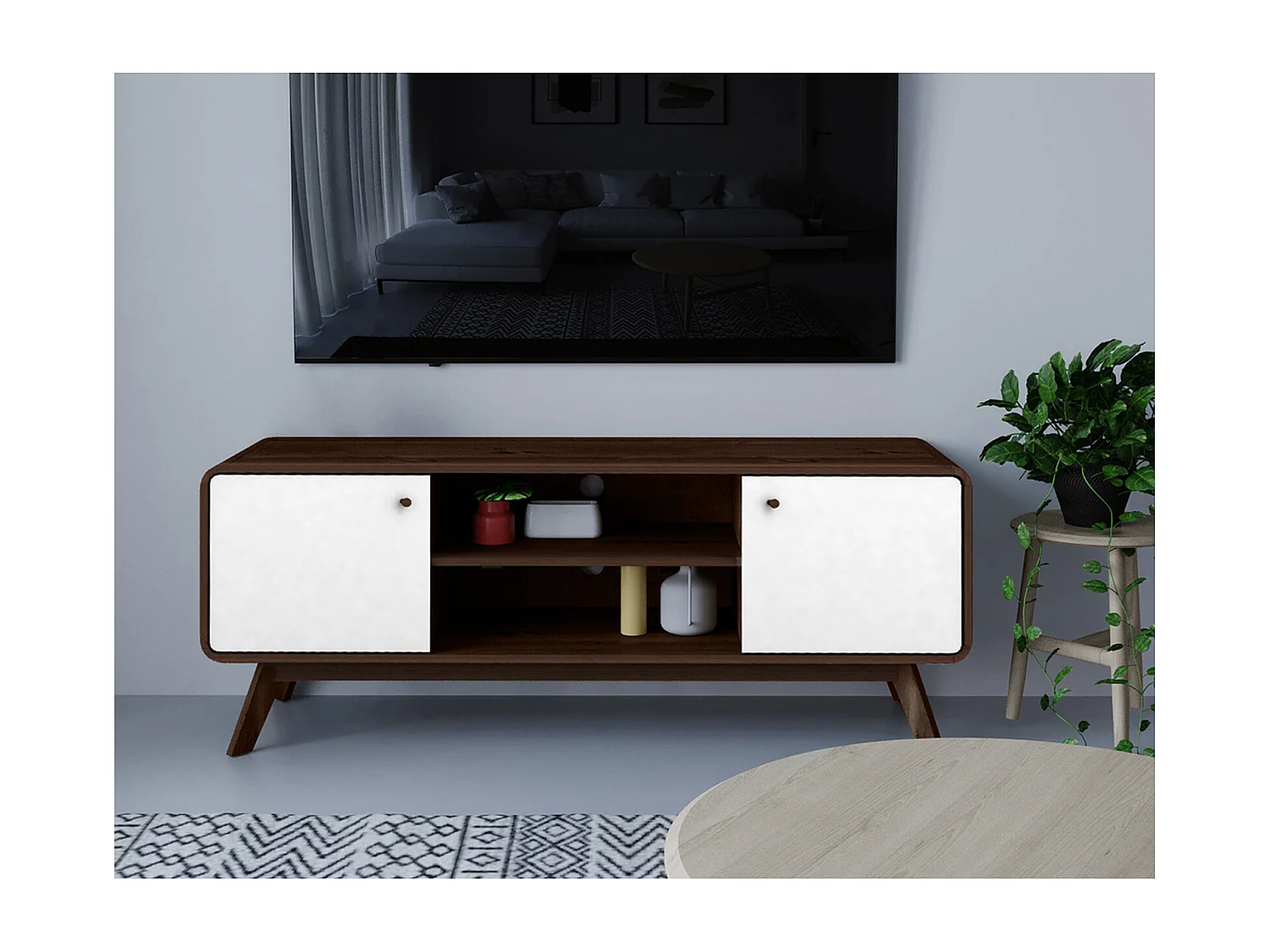 Cassie | Lowboard avec 2 portes en panneau de particules noyer et blanc