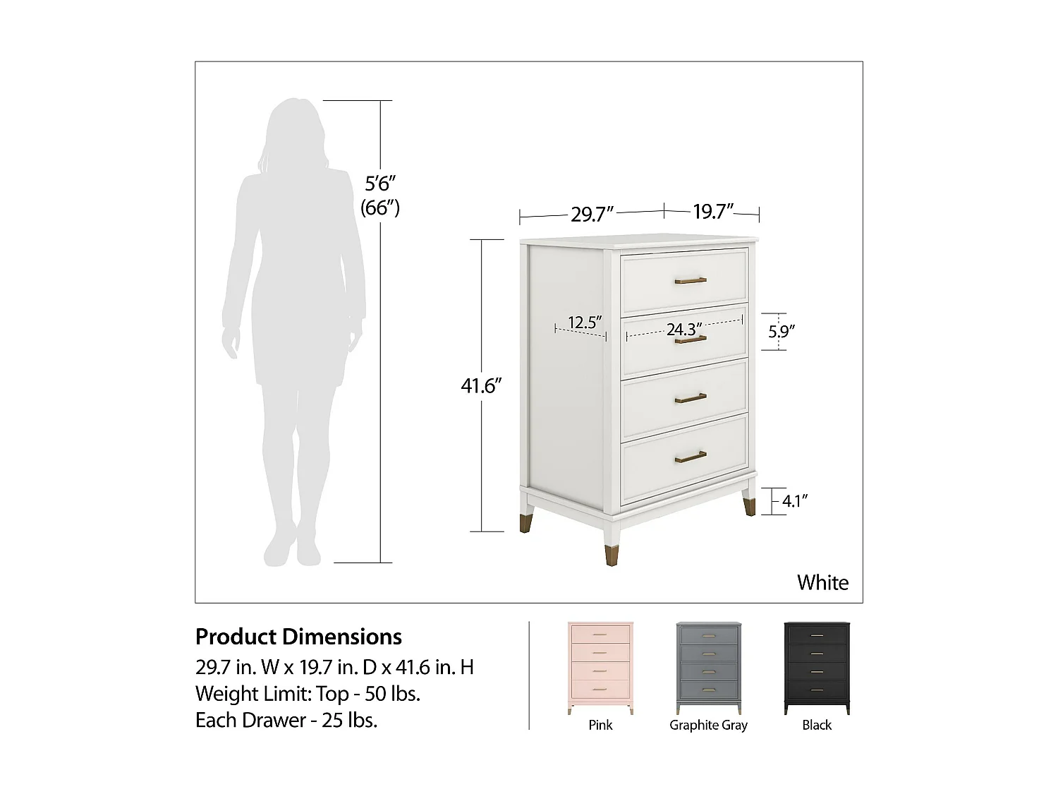 Westerleigh | Commode à 4 tiroirs en MDF blanc
