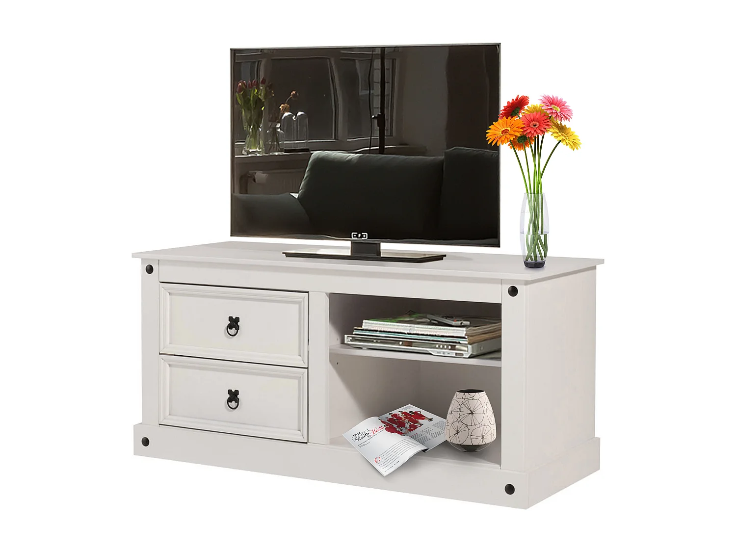 Mexico| Mobiletto con 2 cassetti e 2 vani a giorno in pino bianco