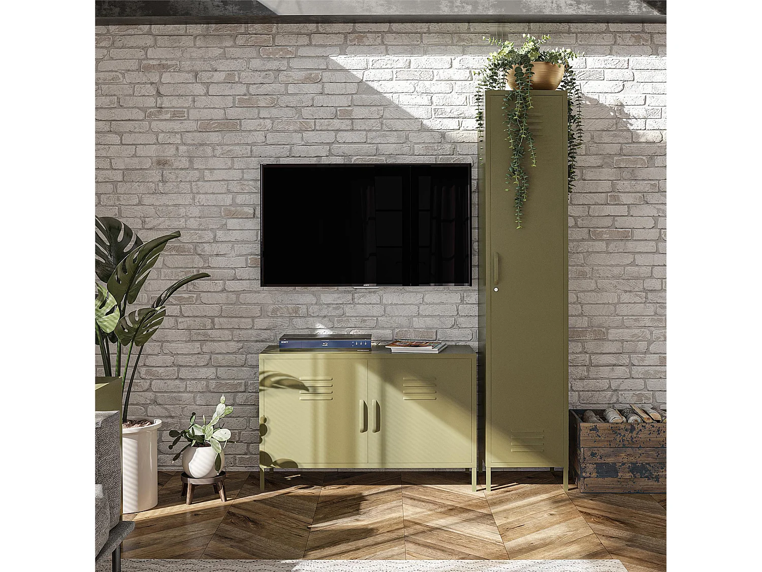 Mueble con 2 puertas en metal verde oliva