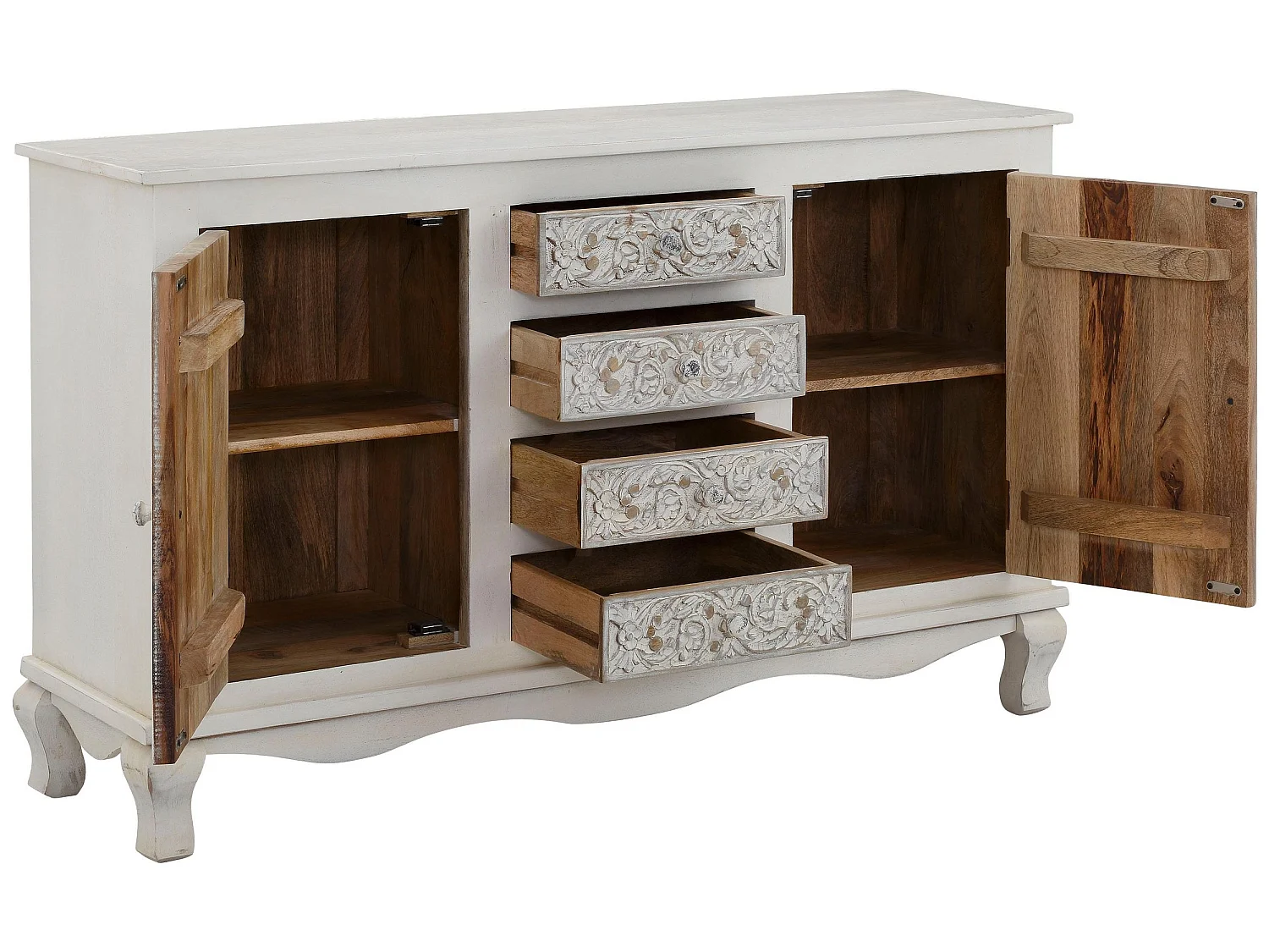 Rajat | Buffet avec 2 portes et 4 tiroirs en manguier blanc et gris