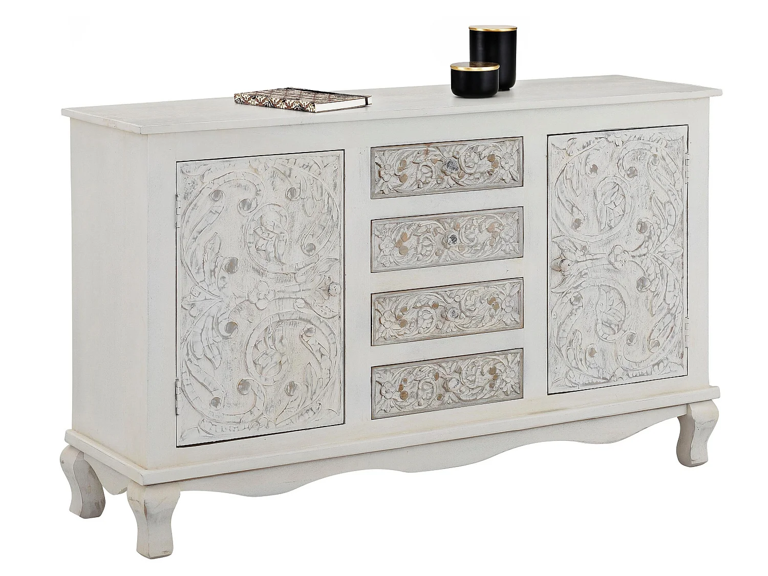 Rajat | Buffet avec 2 portes et 4 tiroirs en manguier blanc et gris