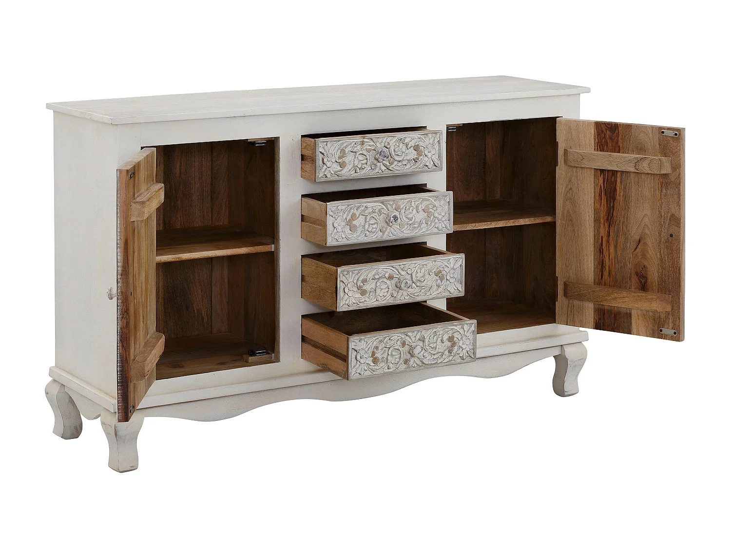 Rajat| Credenza con 2 ante e 4 cassetti in legno di mango bianco e grigio