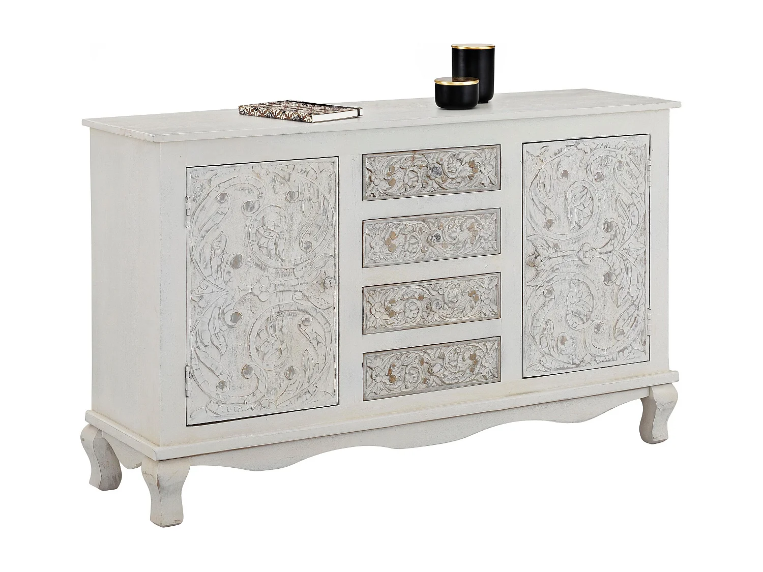Rajat| Credenza con 2 ante e 4 cassetti in legno di mango bianco e grigio