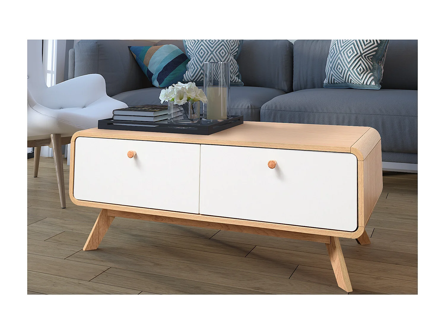 Cassie | Lowboard avec 2 tiroirs en panneau de particules chêne et blanc