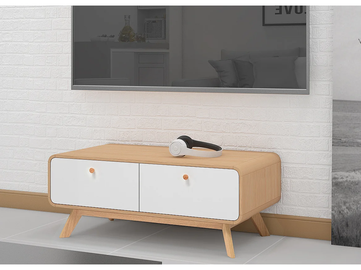 Cassie | Lowboard avec 2 tiroirs en panneau de particules chêne et blanc