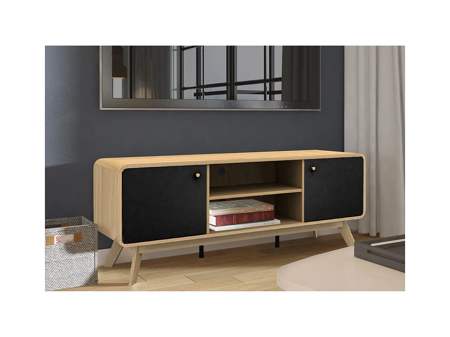 Cassie | Lowboard à 2 portes en panneau de particules chêne et noir