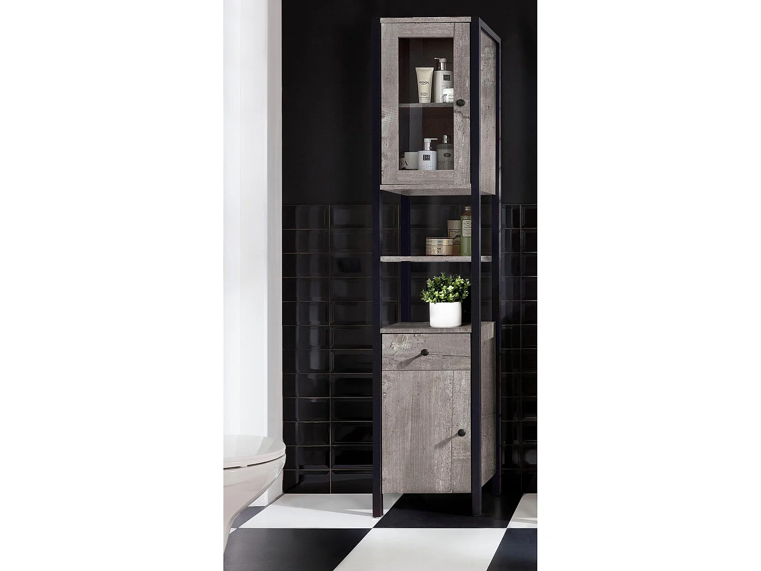 Chris | Armário com 1 Porta de Vidro e 1 Porta em Partical Board Beton