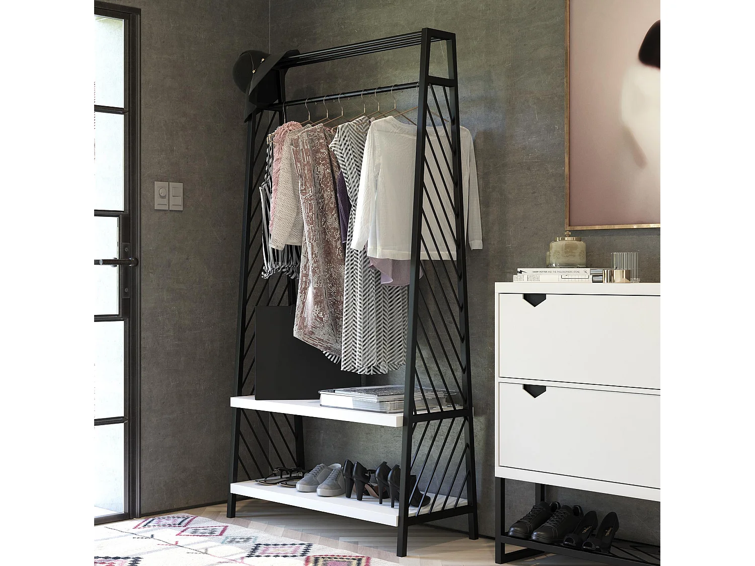 Portaoggetti da ingresso con 2 ripiani in MDF bianco