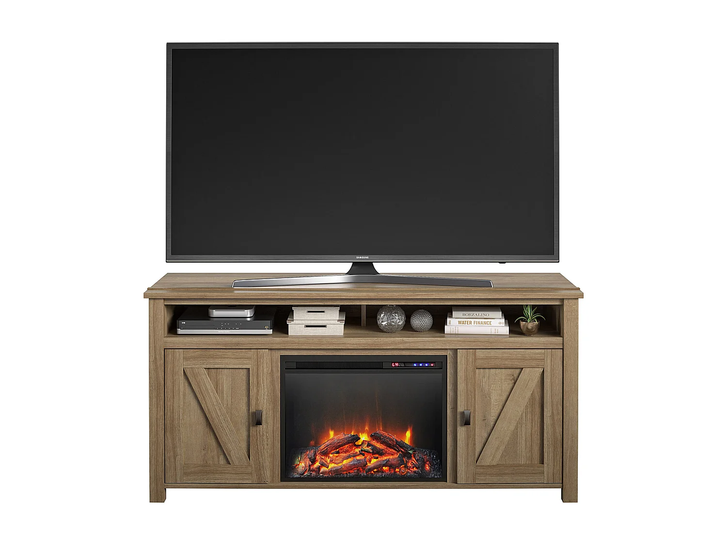 Farmington | Lowboard avec cheminée électrique en panneaux de particules de chêne