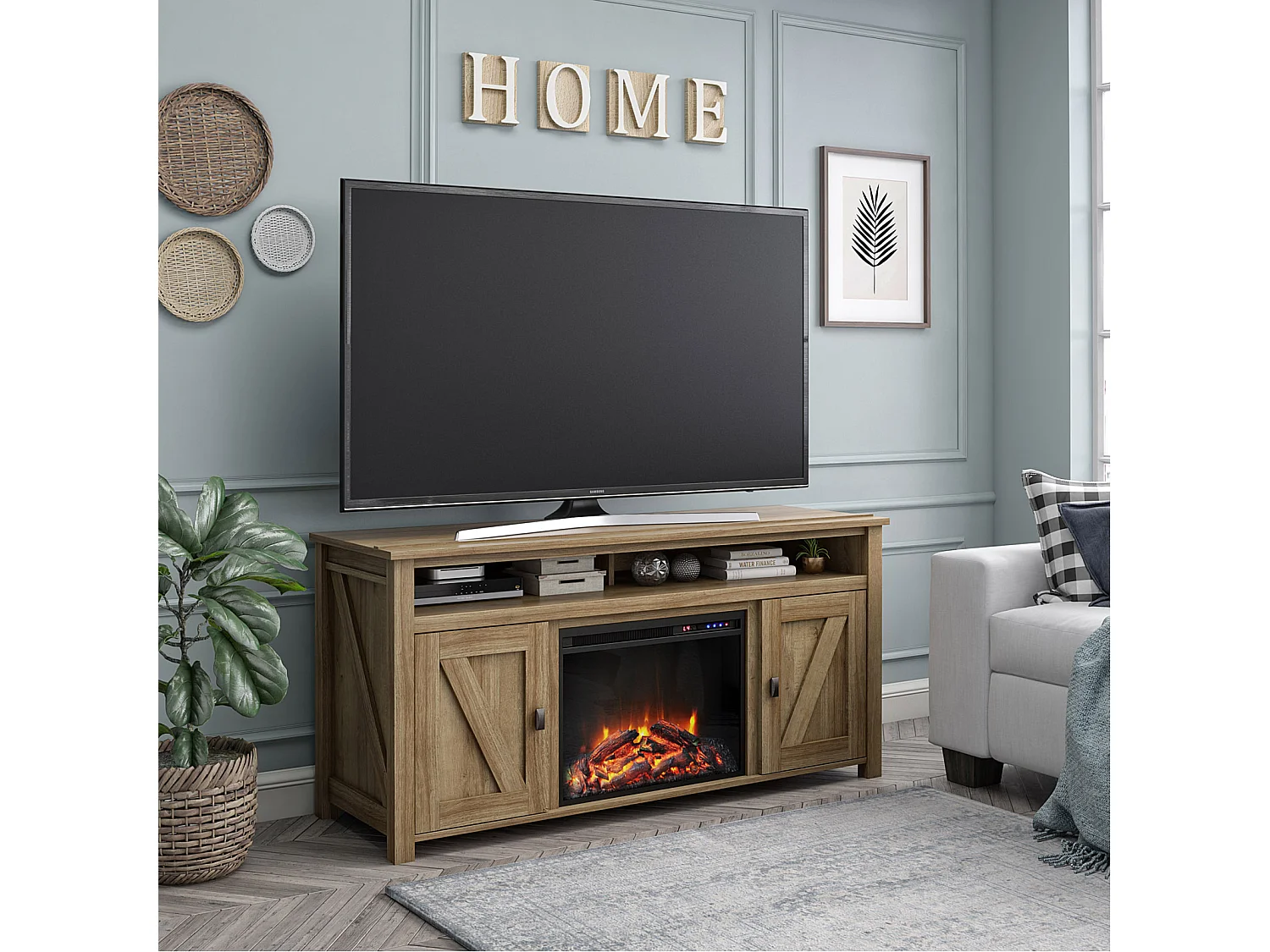Farmington | Lowboard avec cheminée électrique en panneaux de particules de chêne
