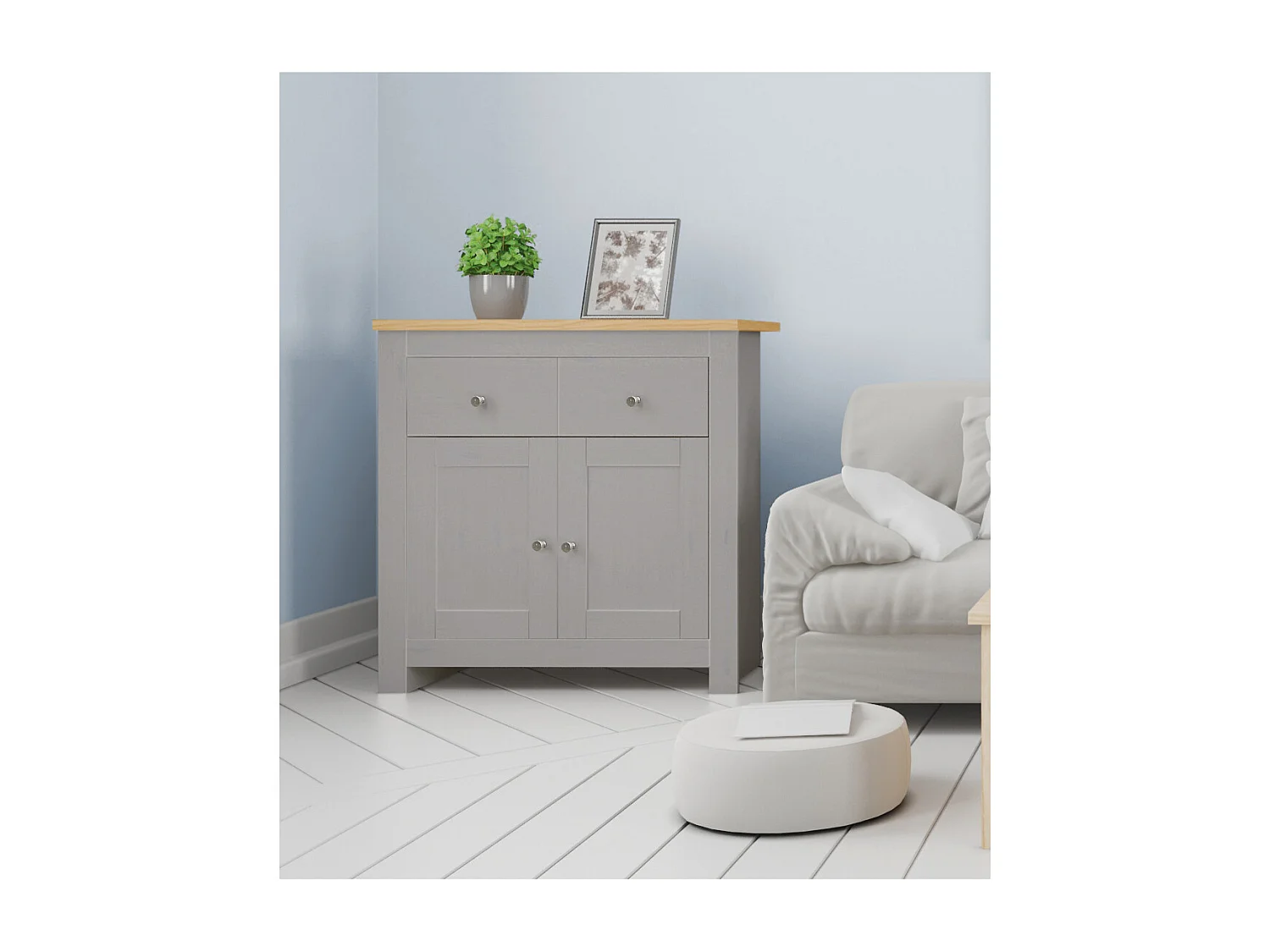 Emerald | Buffet avec 2 portes et 2 tiroirs en MDF chêne et gris