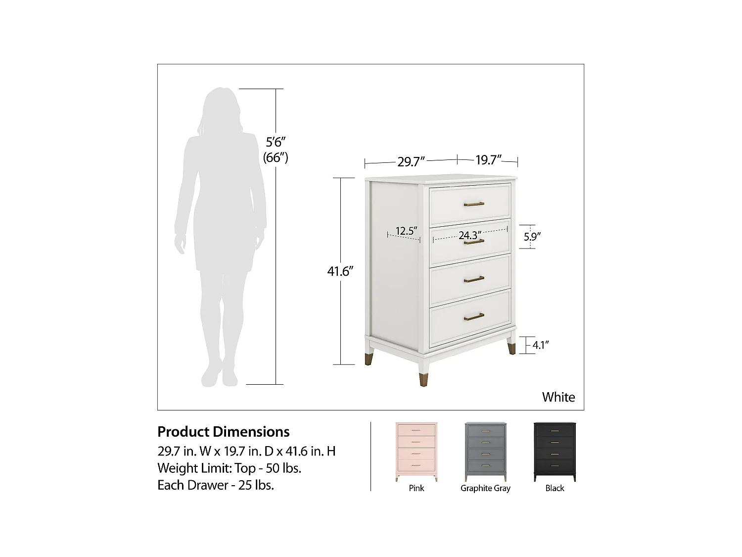 Kommode mit 4 Schubladen in MDF rosa