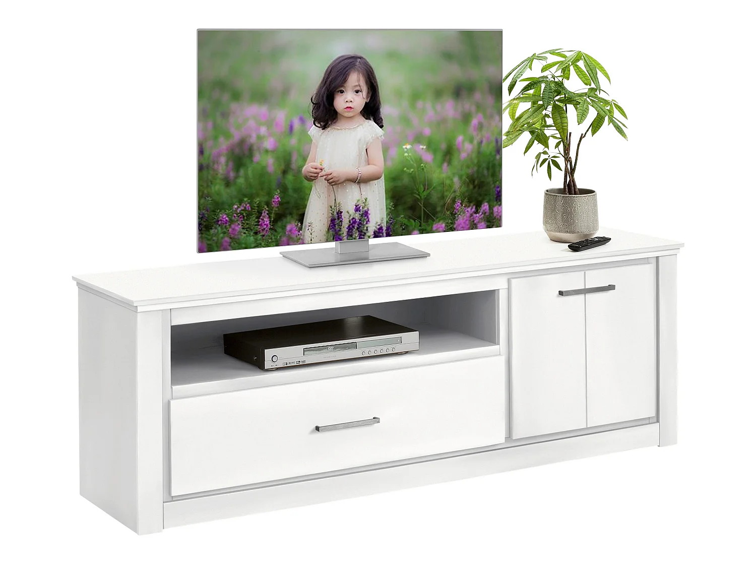 Celia | Lowboard avec 1 tiroir et 1 porte en pin blanc
