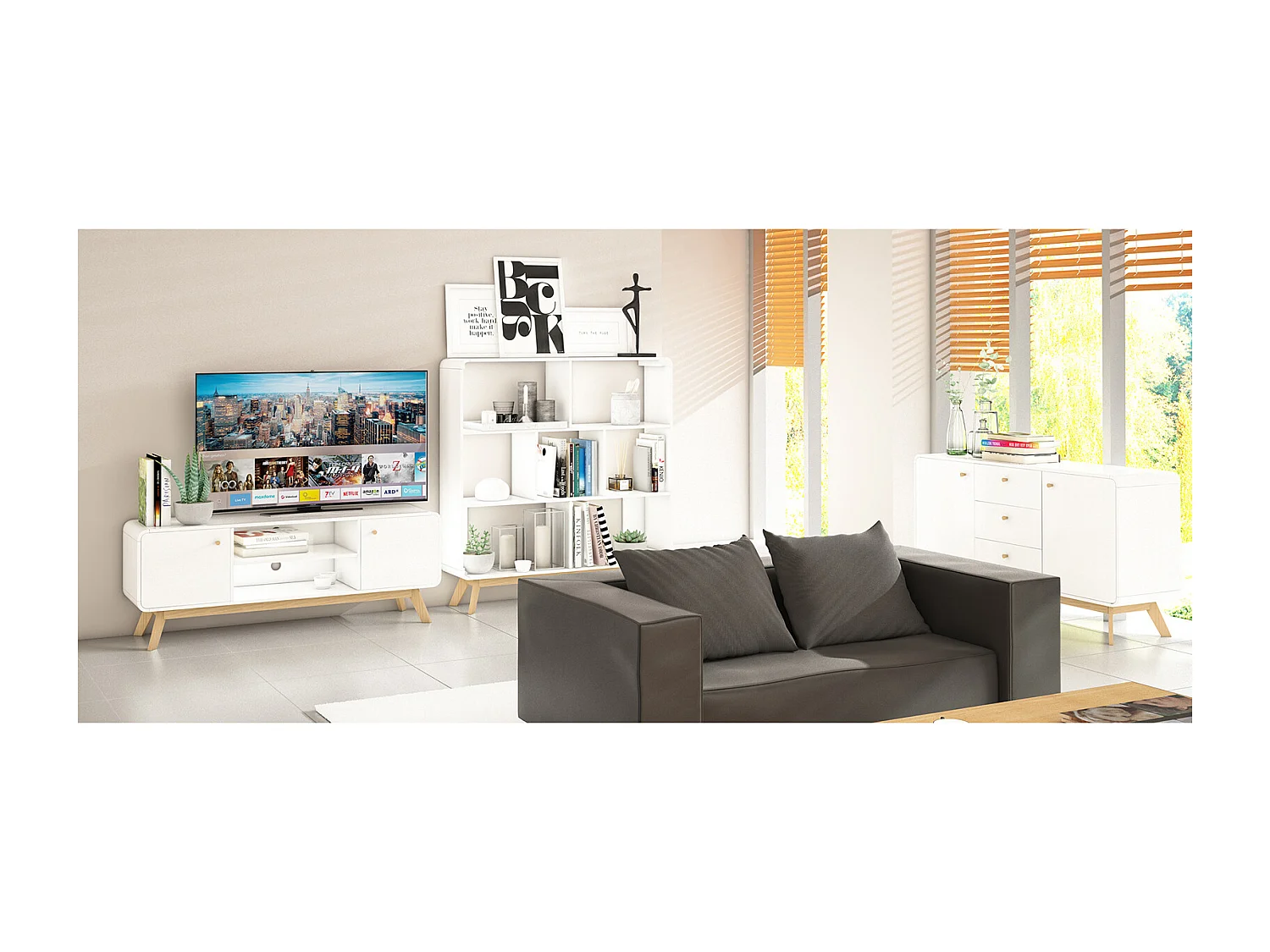 Cassie | Lowboard avec 2 portes en panneau de particules blanc