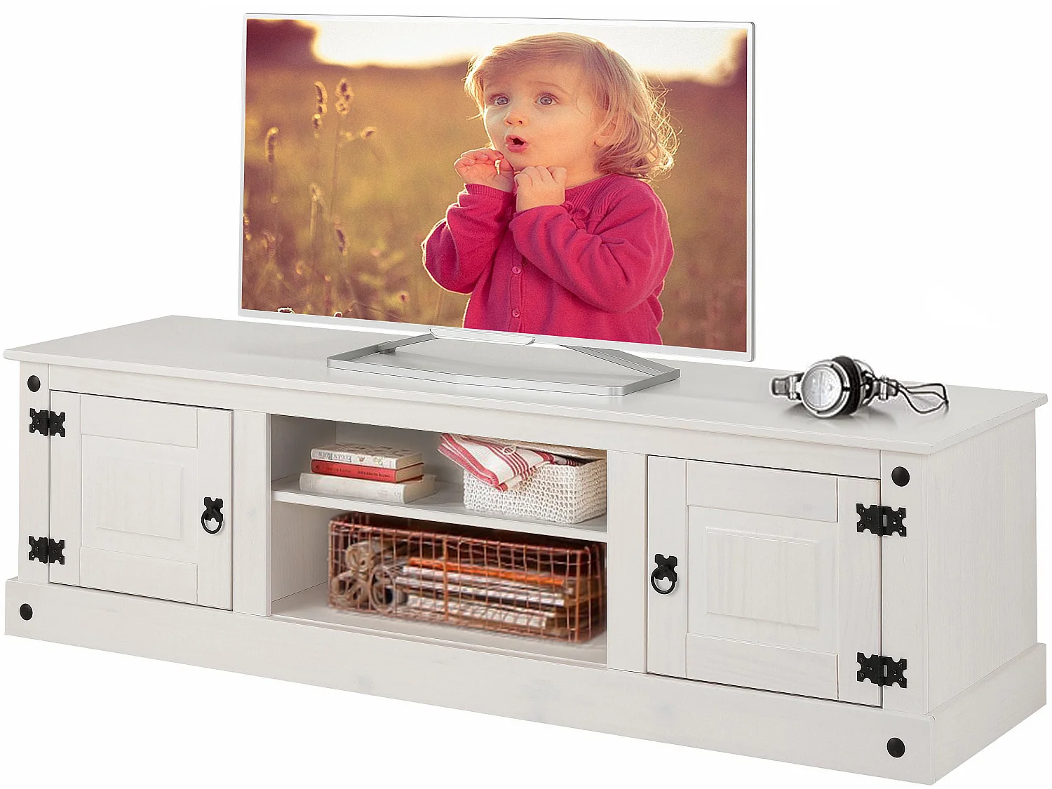 Mexico | Armário baixo com 2 portas e 2 compartimentos abertos em Pinho Branco