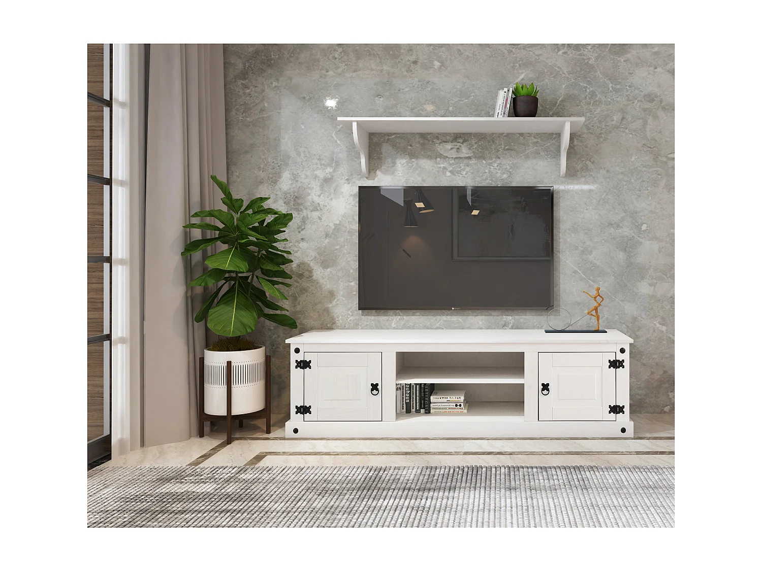 Mexico | Lowboard avec 2 portes et 2 compartiments ouverts en pin blanc