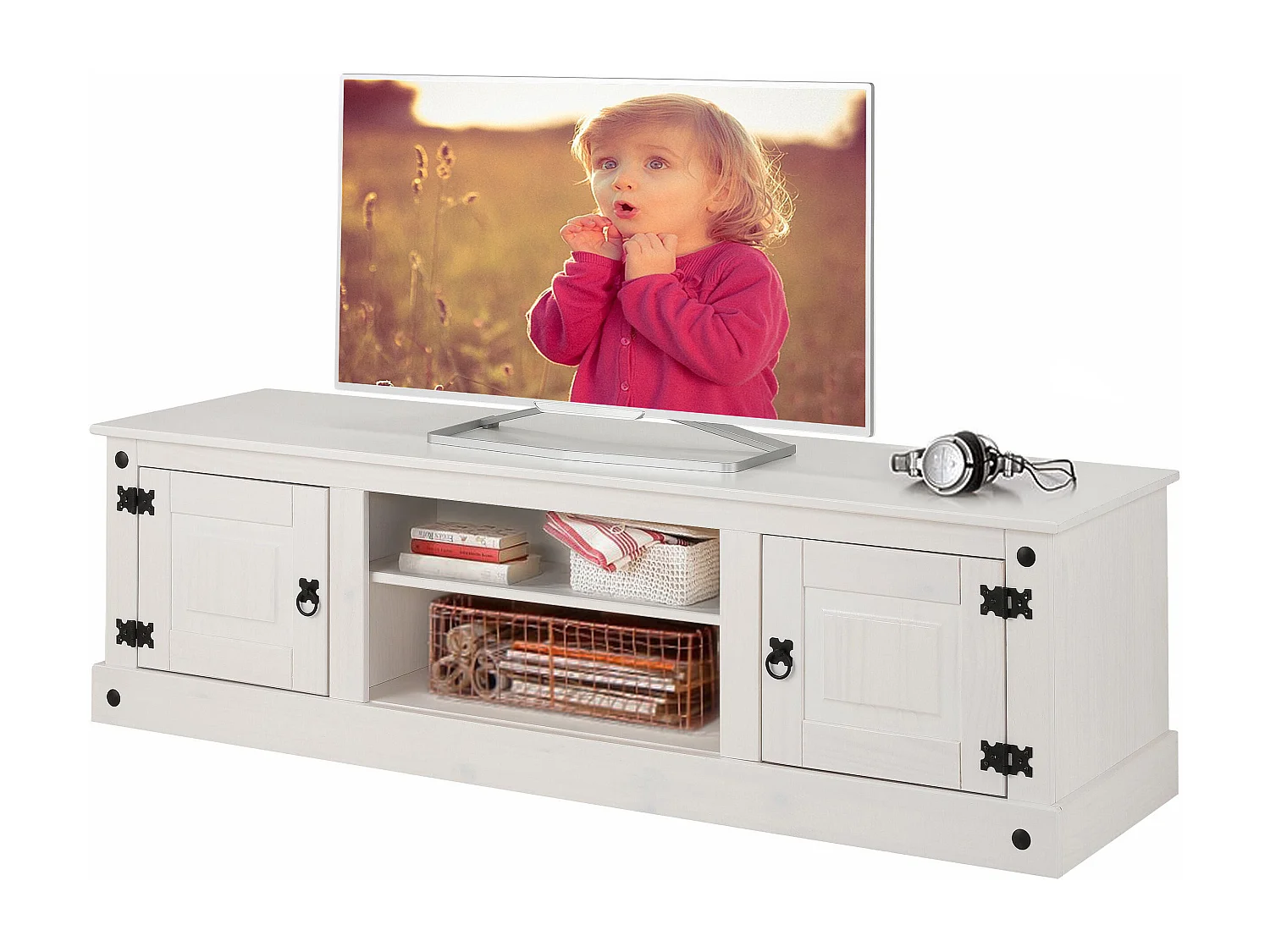 Mexico | Lowboard avec 2 portes et 2 compartiments ouverts en pin blanc