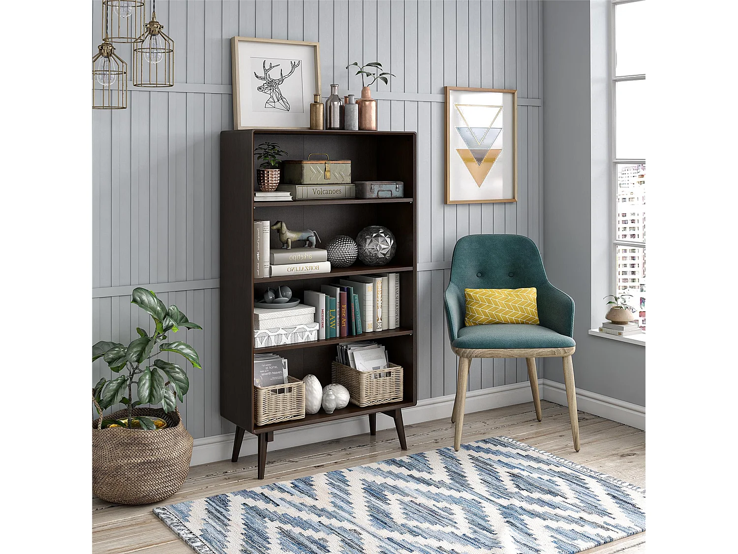 Bücherregal mit 4 Regalen aus MDF-Walnuss