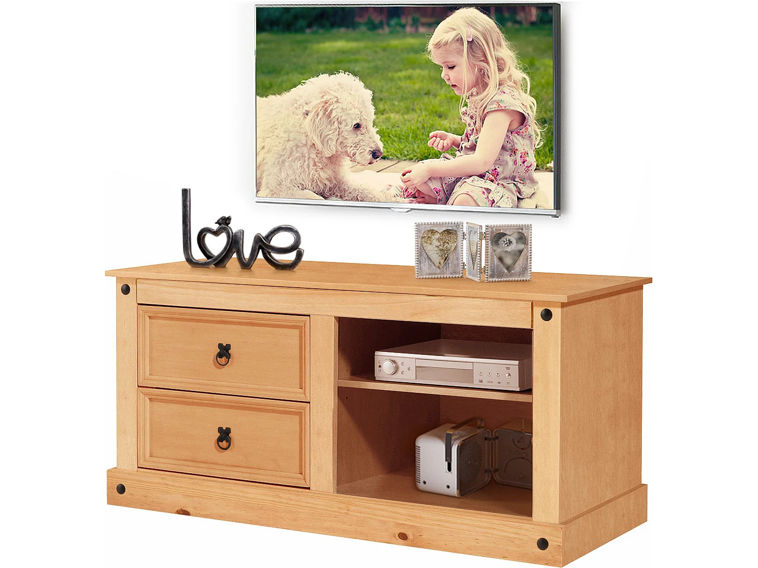 Mexico | Lowboard avec 2 tiroirs et 2 compartiments ouverts en pin nature