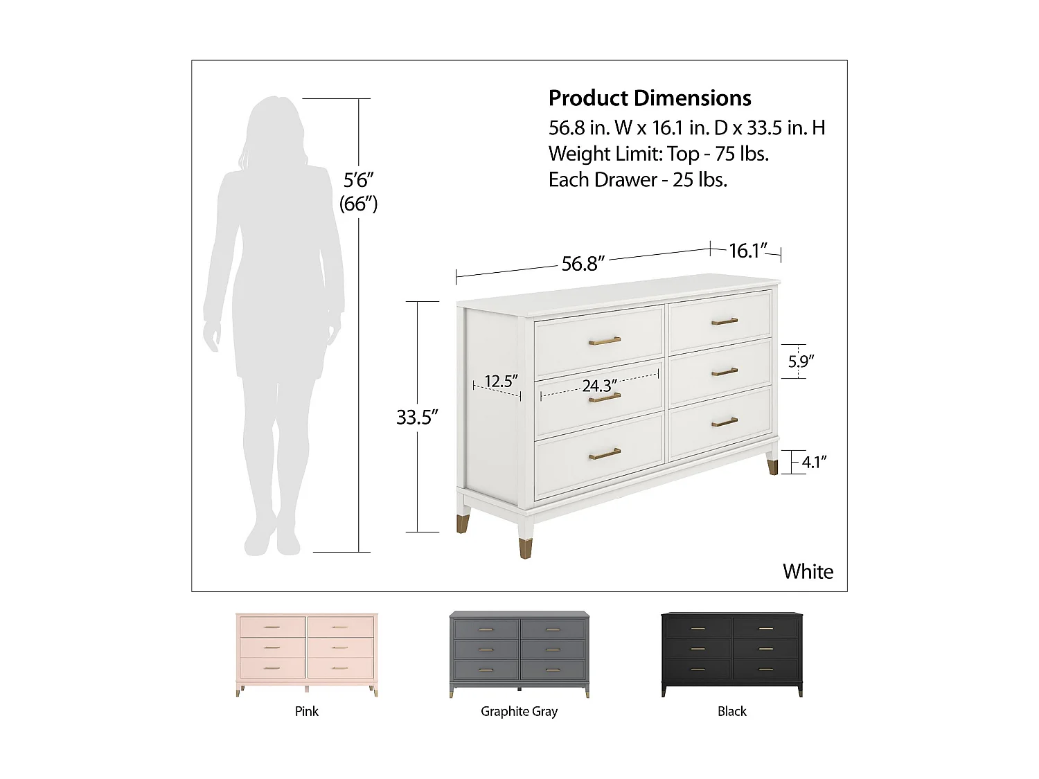 Westerleigh | Commode à 6 tiroirs en MDF rose