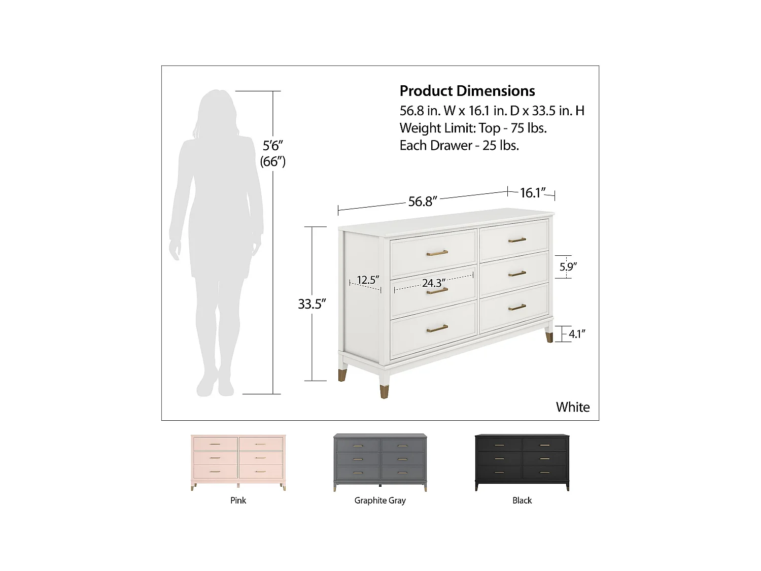 Kommode mit 6 Schubladen in MDF rosa