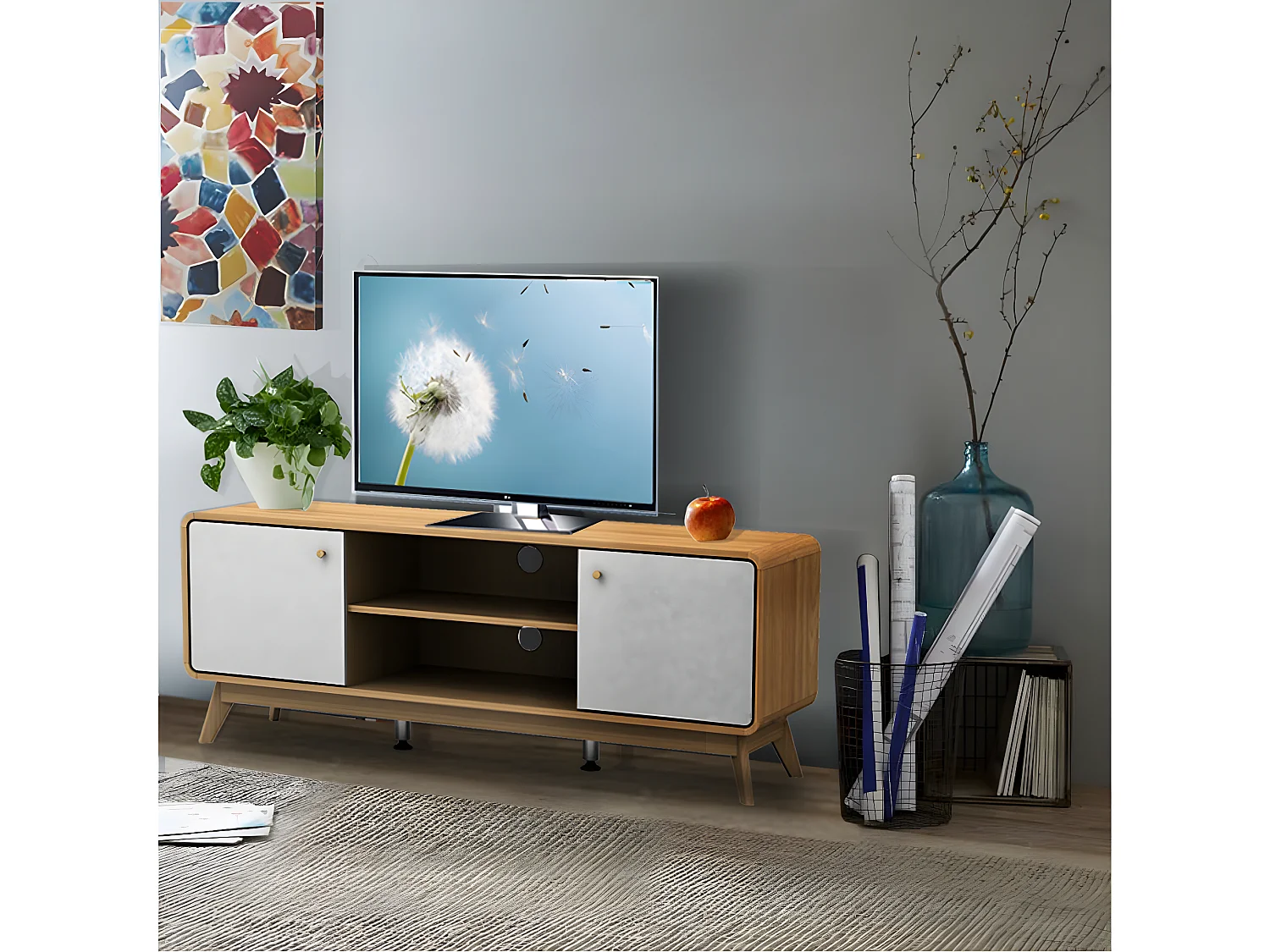 Cassie | Lowboard à 2 portes en panneau de particules chêne et blanc