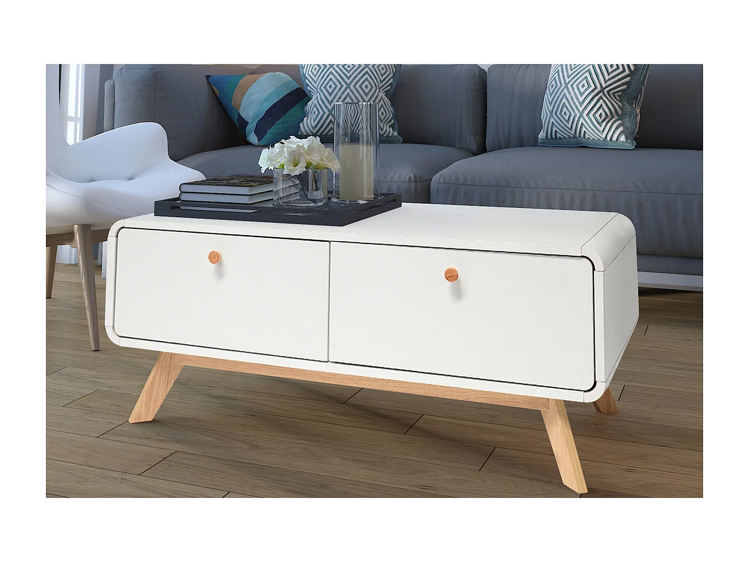 Credenza bassa con 2 cassetti in agglomerato bianco