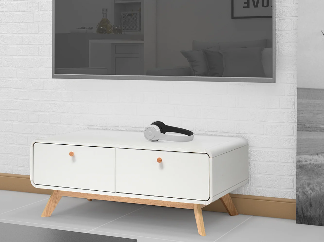 Credenza bassa con 2 cassetti in agglomerato bianco