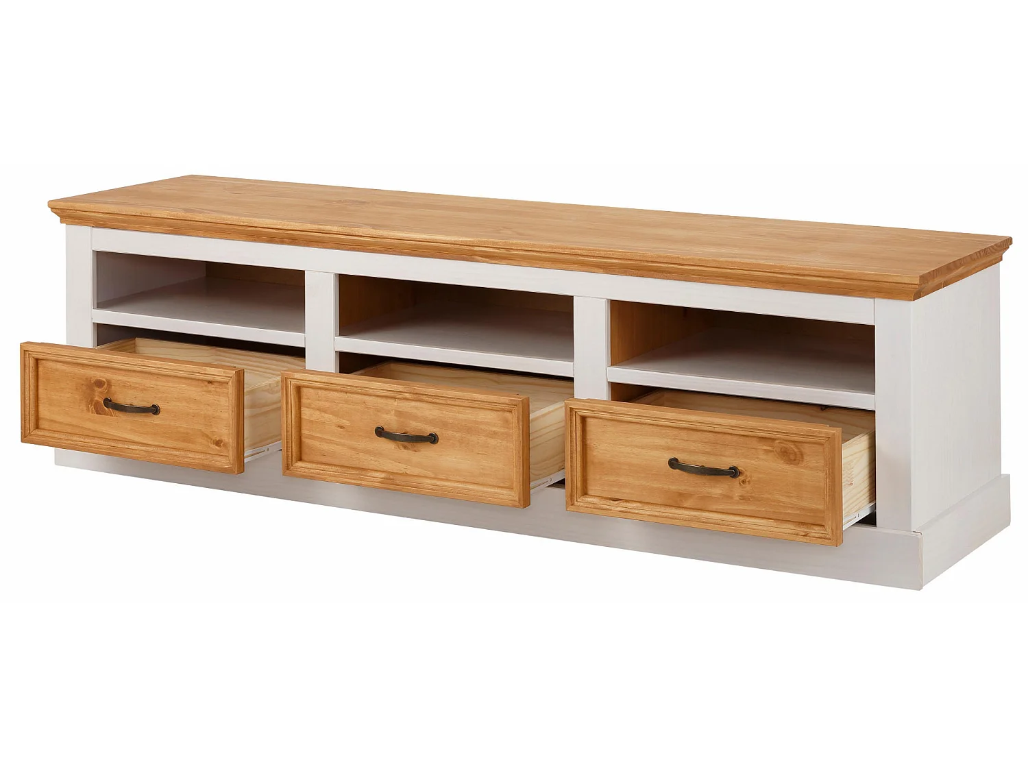 Credenza bassa con 3 cassetti in pino bianco e cera macchiata