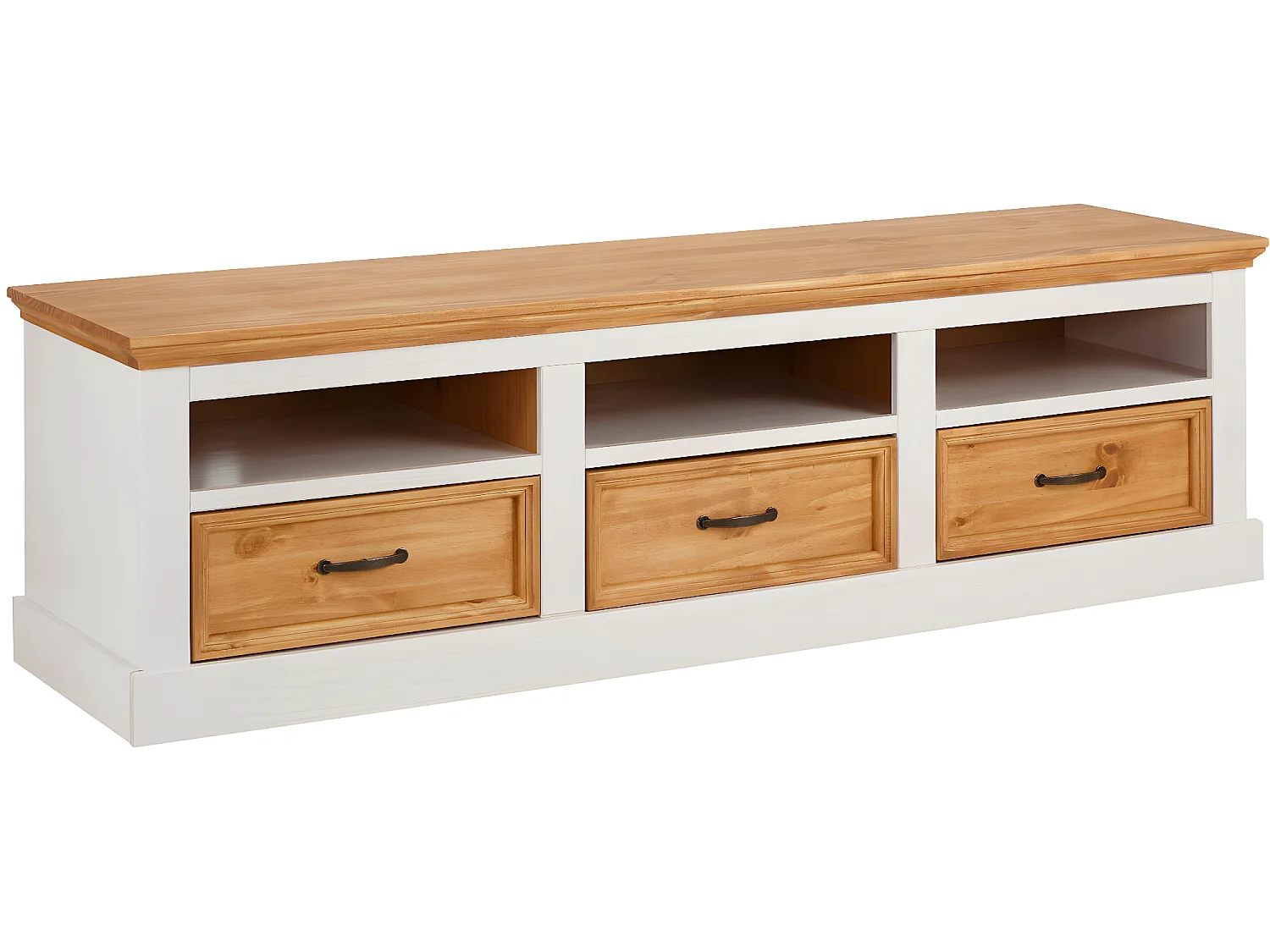 Credenza bassa con 3 cassetti in pino bianco e cera macchiata
