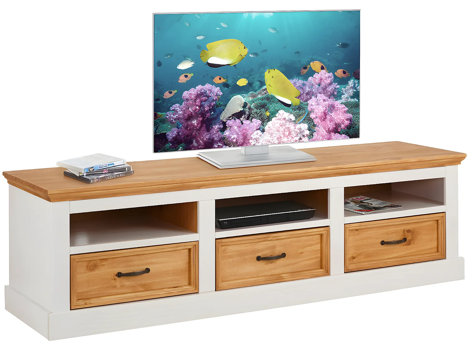 Credenza bassa con 3 cassetti in pino bianco e cera macchiata