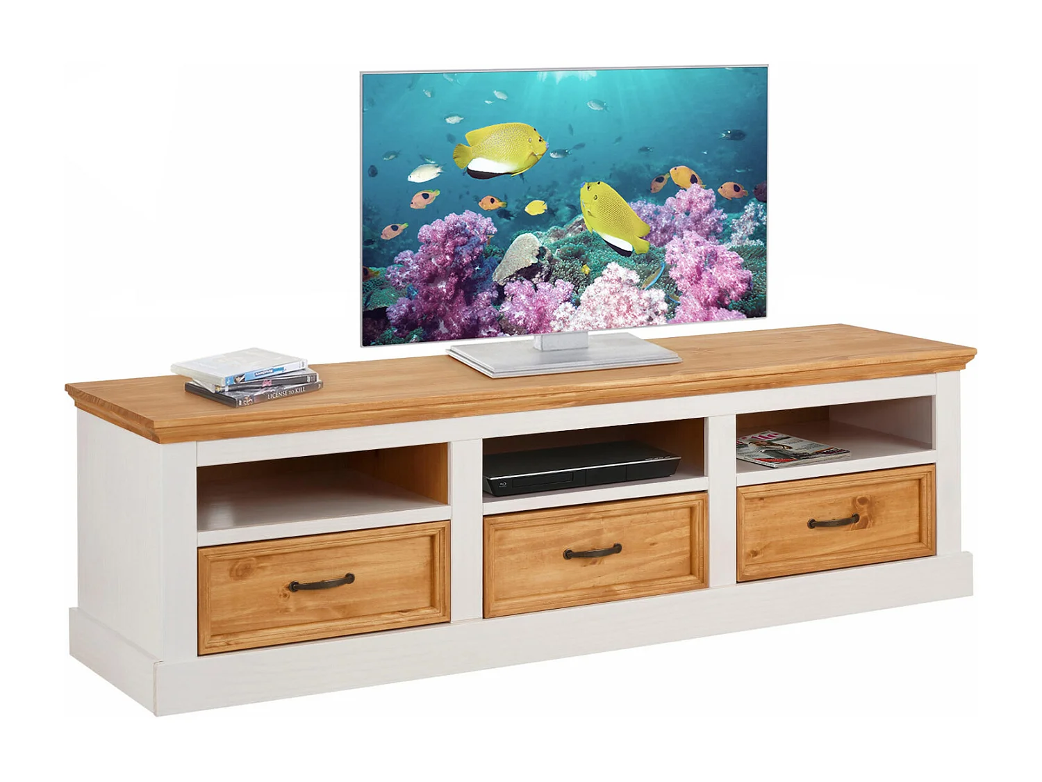 Credenza bassa con 3 cassetti in pino bianco e cera macchiata
