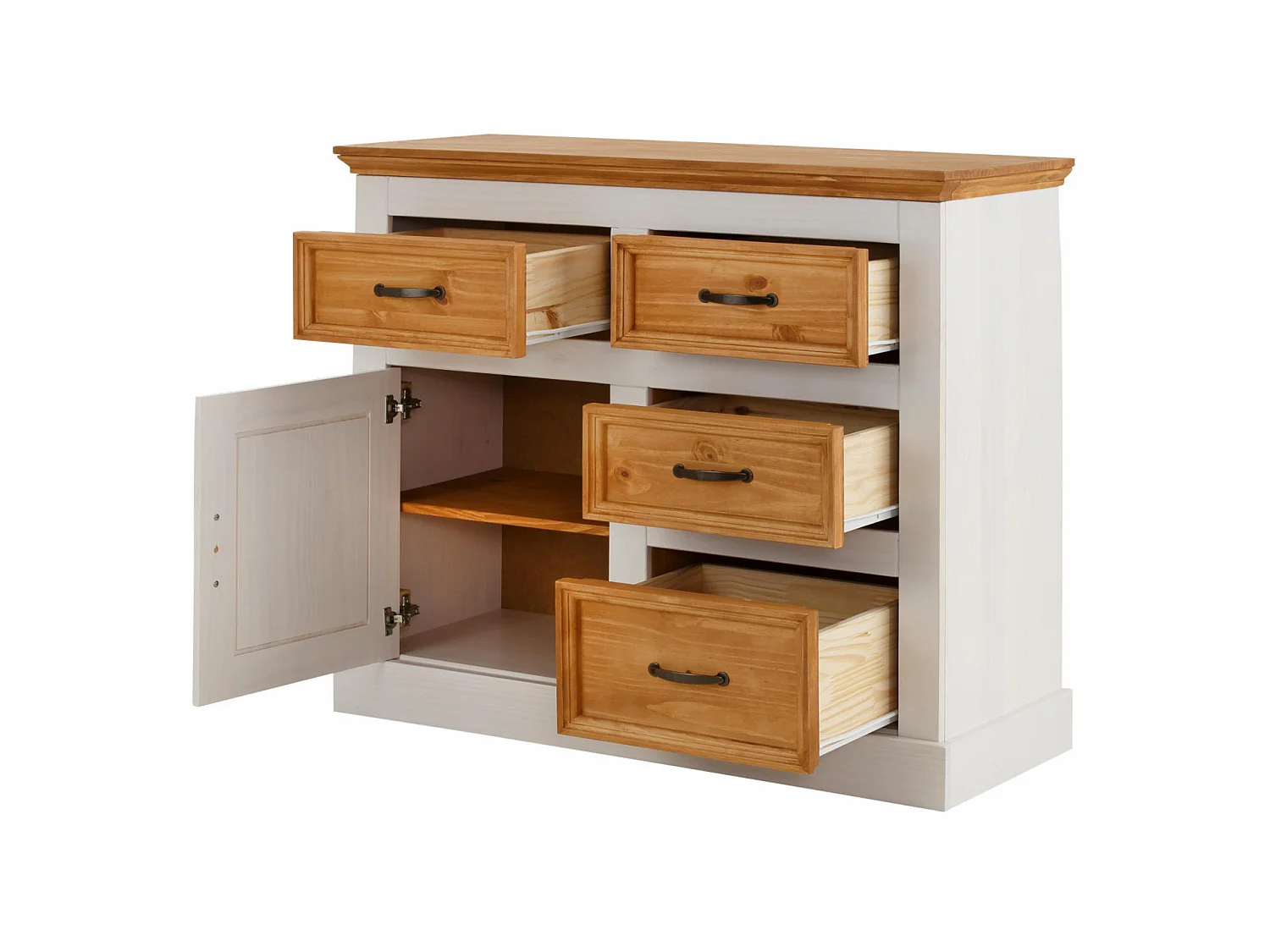 Credenza con 4 cassetti e 1 anta in pino bianco e cera antimacchia